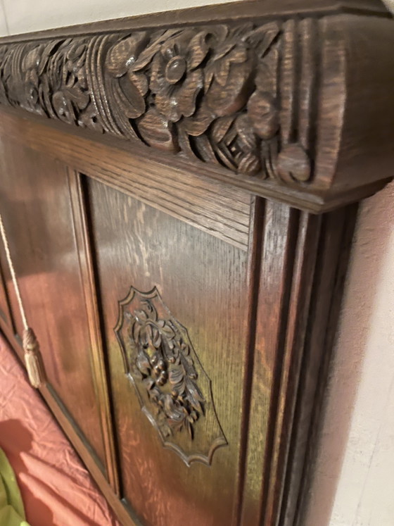 Image 1 of 4-piece bedroom furniture set with high-quality marble, all with the same wood detail.