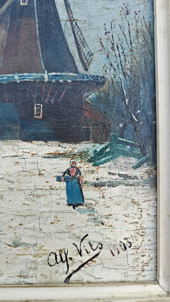 Dutch winter landscape, 32cm x 24cm. – Paintings & Drawings, Wood, Canvas (photo 6 of 12)