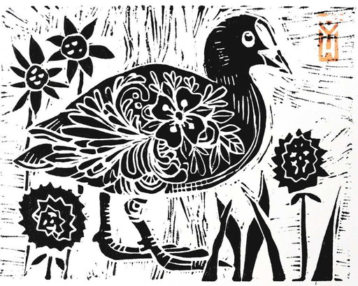Coot Linocut Print: Handmade River Duck Art