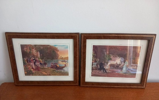 Pair of Elm Burl & Beaded Fillet Style Frames, Genre Scenes, Paintings & Drawings, Wood, Multi Color (photo 2 of 8)