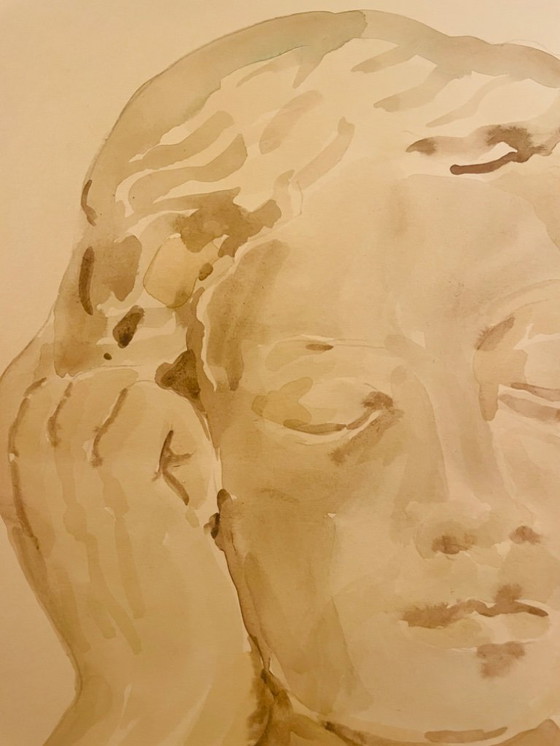 Image 1 of Retrato de una mujer en acuarela sepia monocromática, "pensamiento".