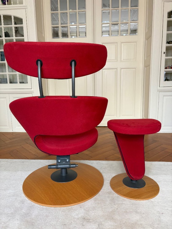 Image 1 of Stokke Peel (1x sinistra, 1x destra) con poggiapiedi (2x), tessuto rosso, base in legno