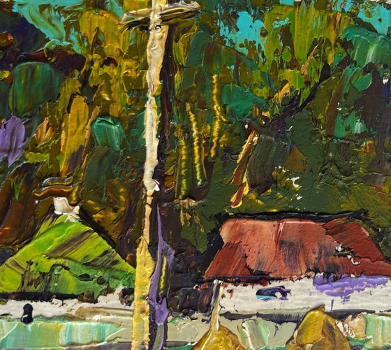 Image 1 of Original Oil Painting: Summer Village Landscape - They Are Sitting on a Bench in the Village