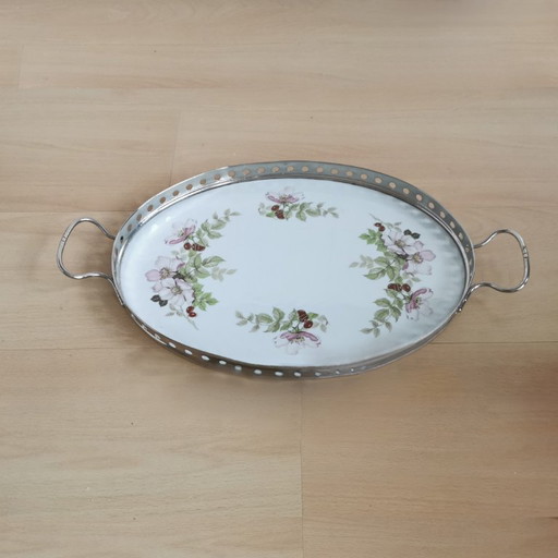 PLATEAU ANTIQUE MODERNISTE EN PORCELAINE ET MÉTAL