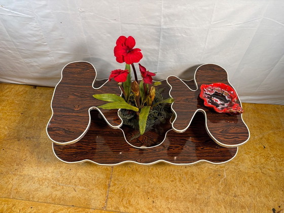 Image 1 of Mid-Century Retro Vintage Tiered Coffee Table / Plant Stand 1960  Dark Formica Grain Finish • White Trim • Unusual Shape • Styli