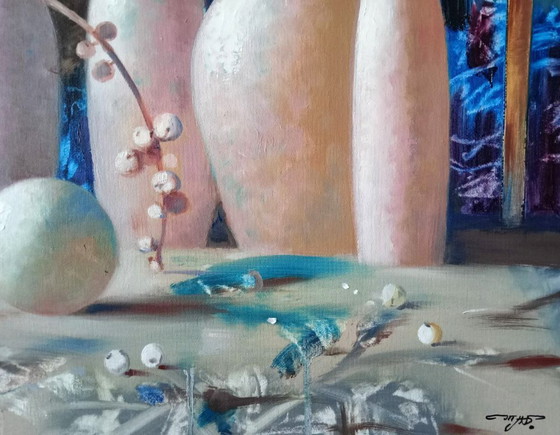 Original Oil Painting Abstract Vases Bottles Flowers Still Life – Paintings & Drawings, Canvas (photo 9 of 10)