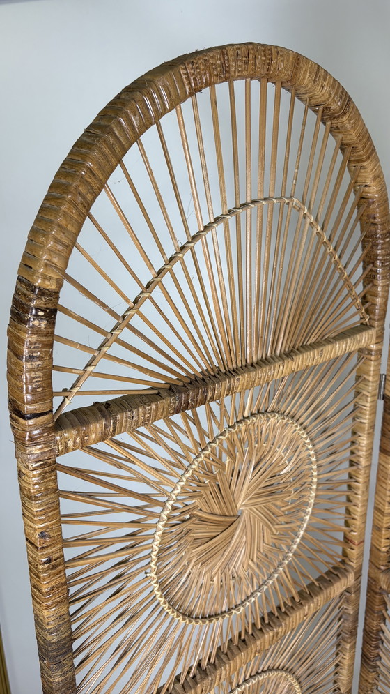 Image 1 of Vintage Sunburst rattan bamboo large folding screen room divider