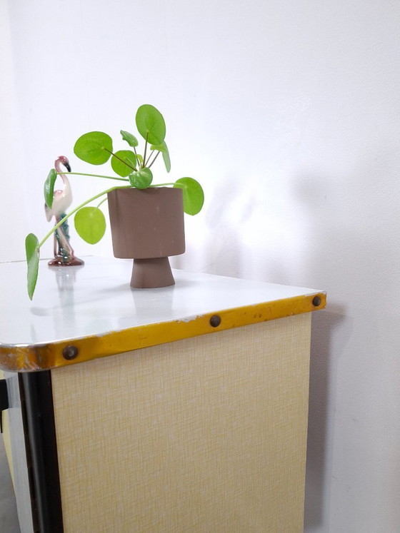 Image 1 of 1950s light blue-yellow cabinet with Formica and slanted legs