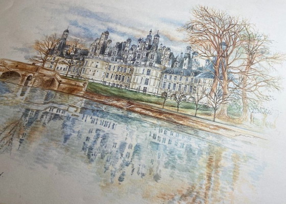 Image 1 of Mixed media, pencil, watercolor, Chambord Castle, art, France, painting, framed