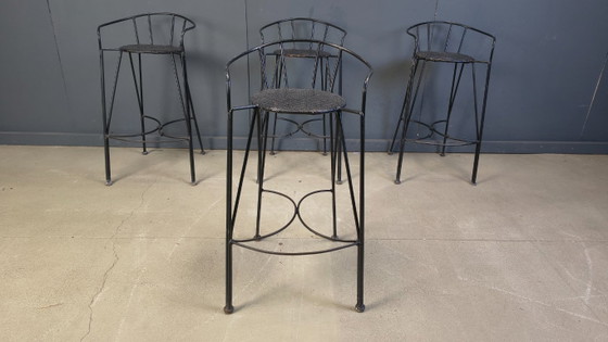 Image 1 of Tabourets de bar vintage en fer forgé et rotin, lot de 4 - années 1970