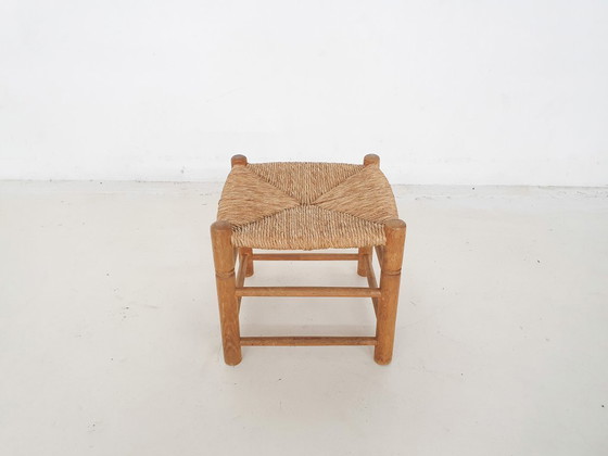 Image 1 of Vintage rotan en houten kruk, Frankrijk, jaren 60