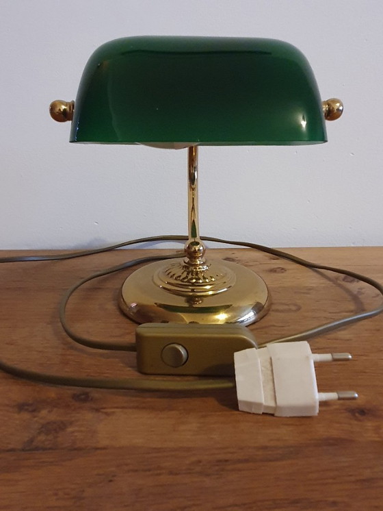Image 1 of Lampada da notaio/banchiere in metallo dorato verde opalino