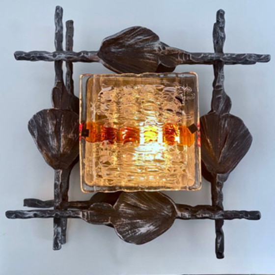 Image 1 of Pair of Brutalist wall sconces – Hand-Forged iron with Artistic glass – Italy 1960s–70s