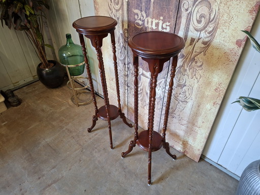 Classic mahogany wooden plant tables side tables, dimensions 28x28cm and 100cm high.