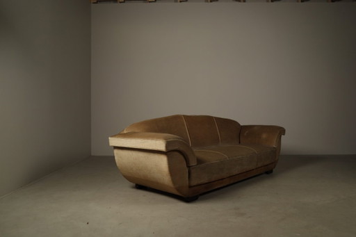 Divano a tre posti in stile Art Déco, rivestito in velluto originale, Belgio, circa 1930.