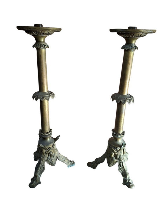 Image 1 of Pair of Antique Neo-Gothic Style BRONZE Altar Candelabra H 60 cm