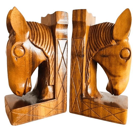 Vintage mid-century bookends hand-carved wooden horses teak 1960s