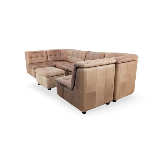 Image 1 of Canapé d'angle modulable original style Mid-Century, en cuir marron