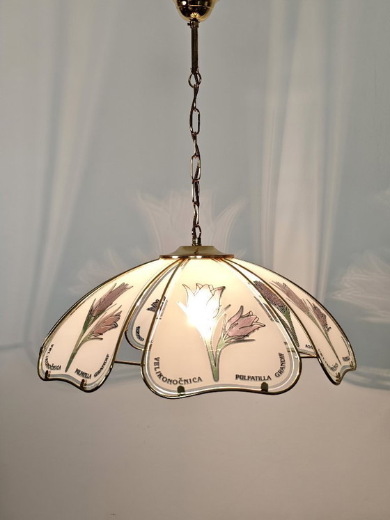 Image 1 of Vintage hanglamp met bloemblaadjes / Retro botanische messing plafondkroonluchter / Glazen tulp hanglamp uit de jaren 80
