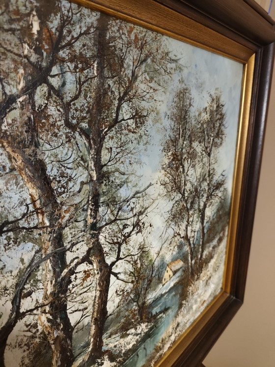 Tableau vintage paysage hivernal signé par P. Franks, Objets d'art, Métal, Bois, Bleu (photo 9 sur 15)