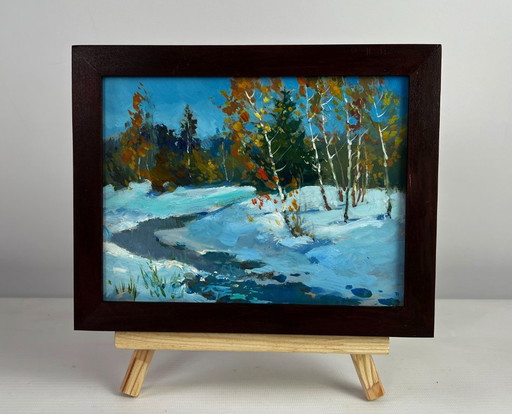 Original Oil Painting Snow Trees Landscape The beauty of the winter forest