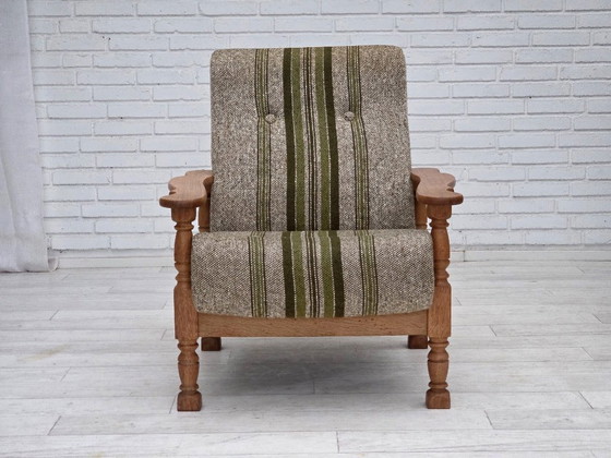 Image 1 of Fauteuil danois des années 1970, tissu d'ameublement d'origine en laine, bois de chêne massif.