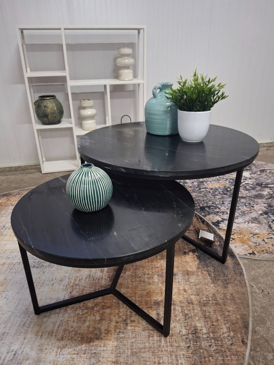 Image 1 of Ensemble de table basse chic avec plateau en marbre véritable et piètement en métal