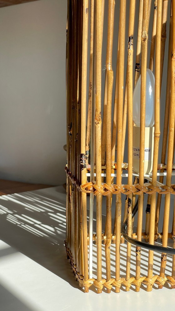 Image 1 of Vintage Wicker Wood Cube Lamp