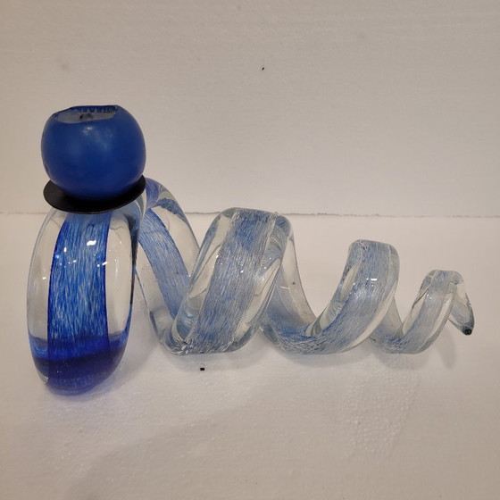 Image 1 of Pair of blue spiral candlesticks, glass, 80's - France