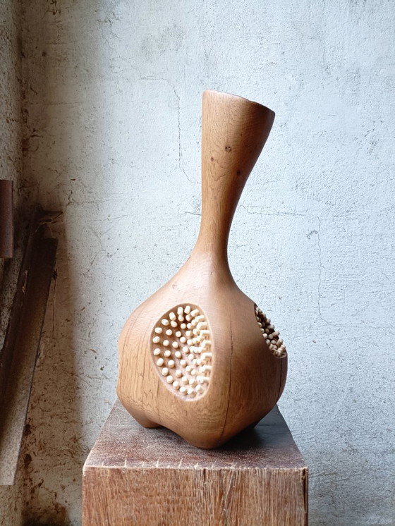 Image 1 of Large Vase/Bottle in Carved Solid Oak