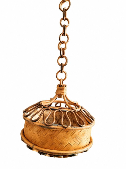 Vintage Mid-Century Pendelleuchte aus Rattan, Bambus und Korbgeflecht, im Stil der Côte d'Azur der 50er-60er Jahre