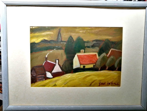 G De Smet 2 x Village Views Oil on Cardboard in P-Partout – schilderijen tekeningen, Paper