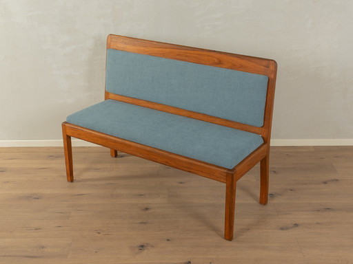 70s upholstered wooden bench in blue