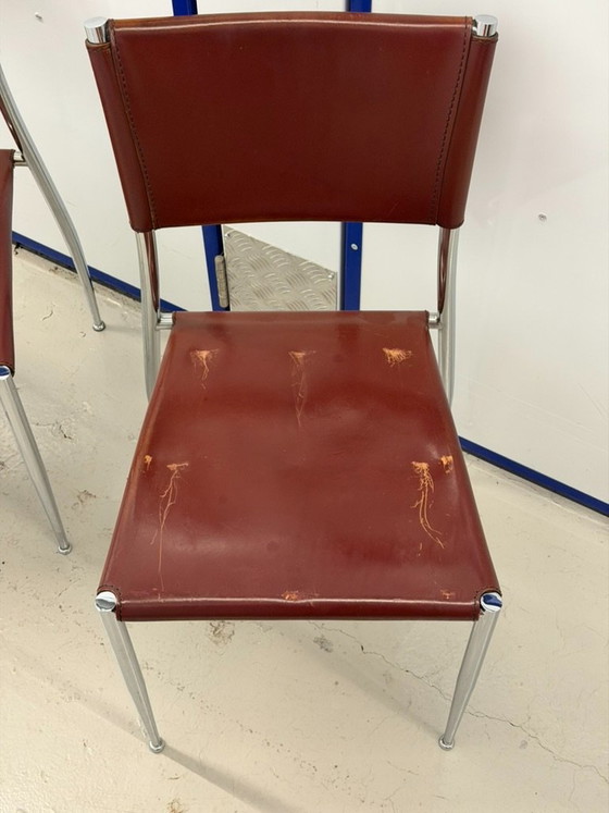 Set of 3 Vintage Fasem "Ginger" Cognac Leather & Chrome Dining Chairs, Italy 1980s – Eetkamerstoelen, Metal (photo 4 of 9)