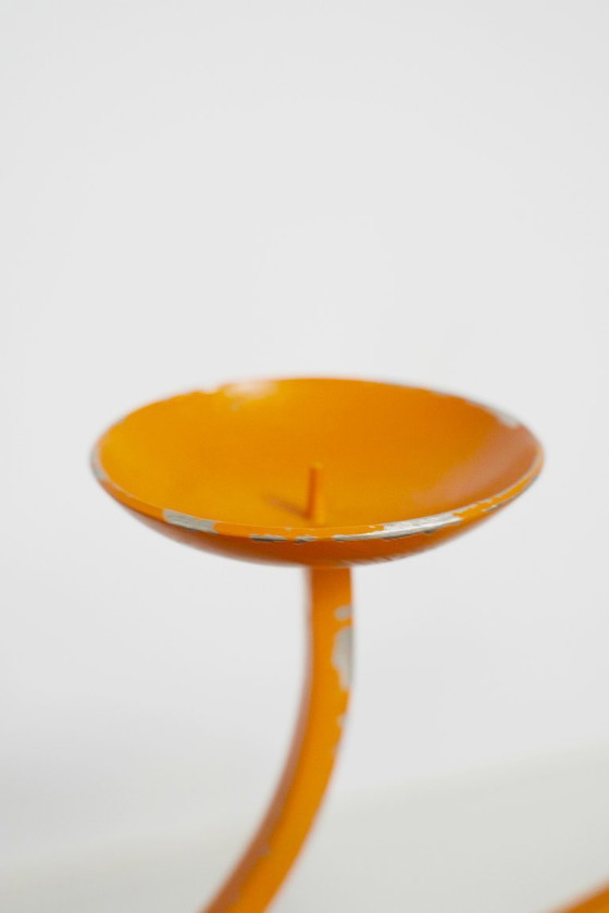 Image 1 of  1970s Orange Candelabra Large Metal Sculptural Mid Century Retro Candle Holder Space Age Statement Centrepiece 