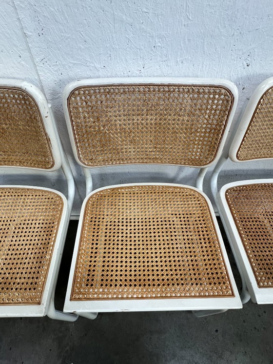 Image 1 of Set Van Vier Vintage Cesca Stijl Stoelen / Eetkamerstoelen, Wit Metalen Frame, Italië