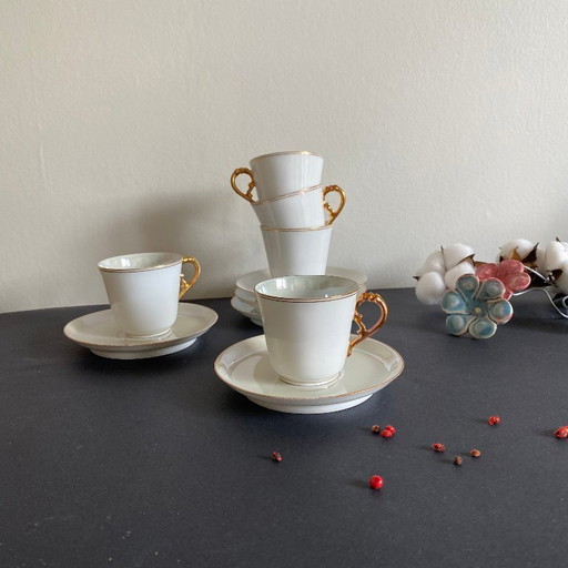 5 antike Espressotassen aus Porzellan in Aquagrün mit Goldrand