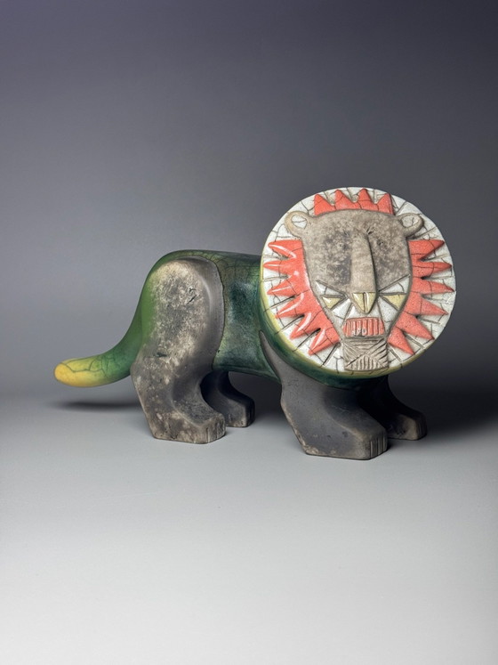 South African Raku Ceramic Lion, African-Inspired Sculpture, Handcrafted Decorative Art, Green (photo 3 of 14)