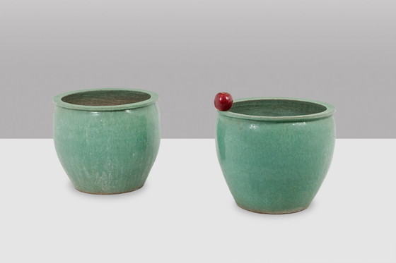 Image 1 of Pair of large glazed terra cotta planters. 1950s.
