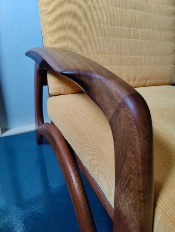 Vintage 50s/60s De Ster Gelderland Armchair, Wood, Textile, Brown, Mid Century Modern (photo 6 of 13)