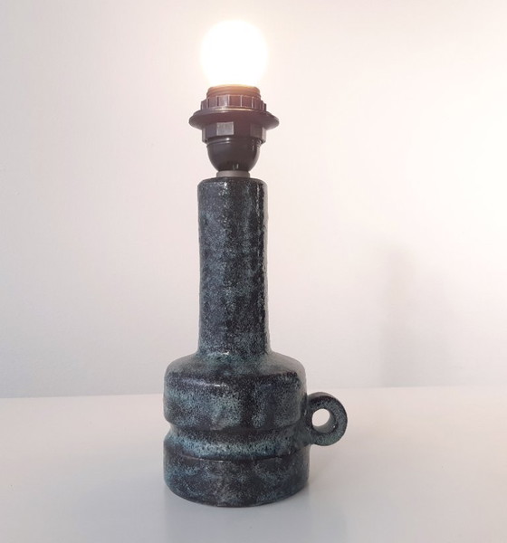 Image 1 of Blue turquoise ceramic lamp base with shades of black, vintage earthenware mcm lamp base