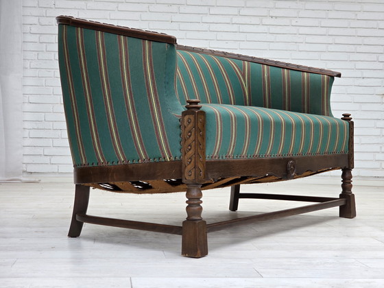 Image 1 of Anni '50, divano danese a 2 posti, lana per mobili verde, legno di quercia.