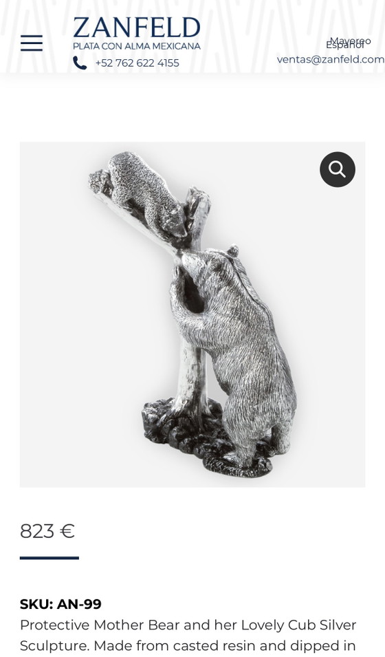 Image 1 of Scultura Zanfeld in argento sterling 999 raffigurante un'orsa con il suo cucciolo.