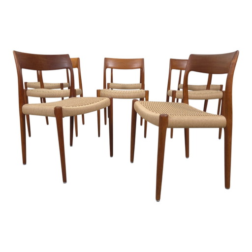Volledig gerestaureerd 8x Niels Møller model 77 eetkamerstoel teak nieuw papercord