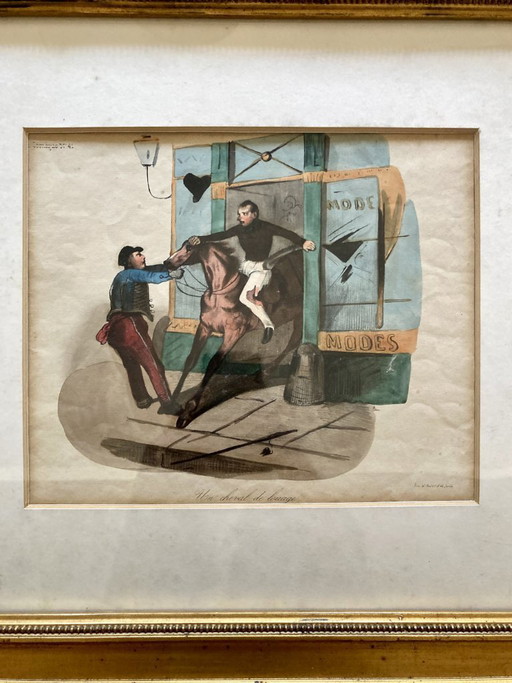 Antike Lithografie, Le Charivari, 1844, gerahmt – vergoldeter Rahmen aus dem 19. Jahrhundert