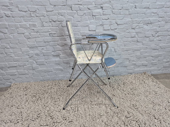 Image 1 of Charmante chaise haute vintage pour enfant – Style Brabantia, revêtement fleuri et Formica bleu clair
