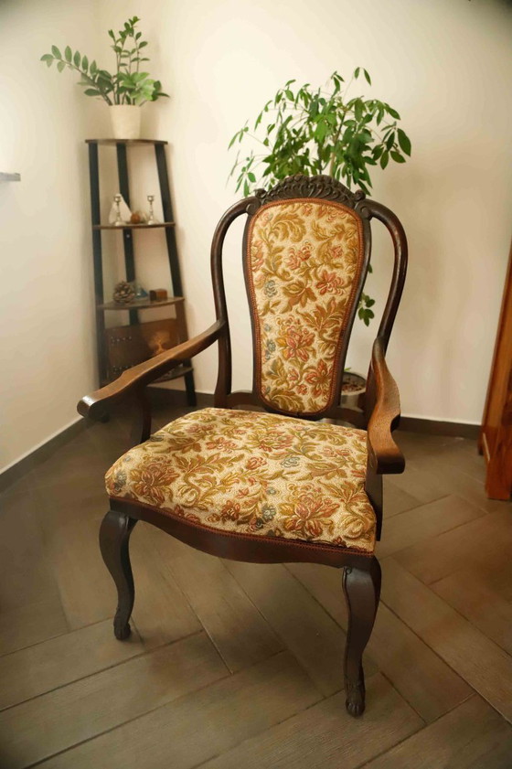 Image 1 of Antique Queen Anne Revival Carver Armchair with Floral Tapestry Upholstery 