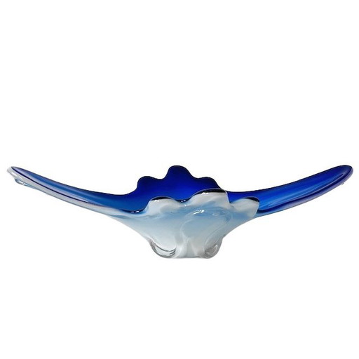 Vintage XL Murano glass bowl blue white clear glass mid-century 1970's