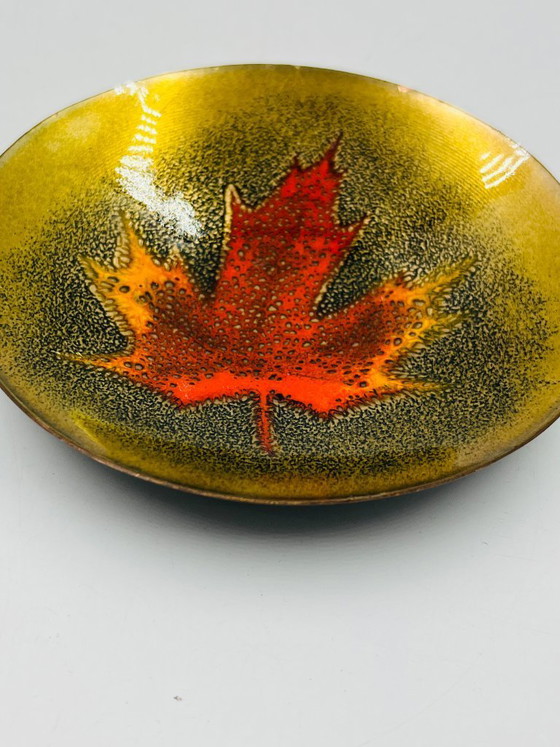 Image 1 of Enamelled leaf trinket tray signed Jules Perrier, artisan from Quebec