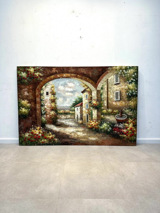 Gran pintura al óleo de un pueblo mediterráneo – schilderijen tekeningen